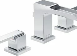 New 🤩 Delta Faucet Ara® Two Handle Widespread Waterfall Bathroom Sink Faucet with Metal Pop-Up Drain Assembly in Polished Chrome 🛒